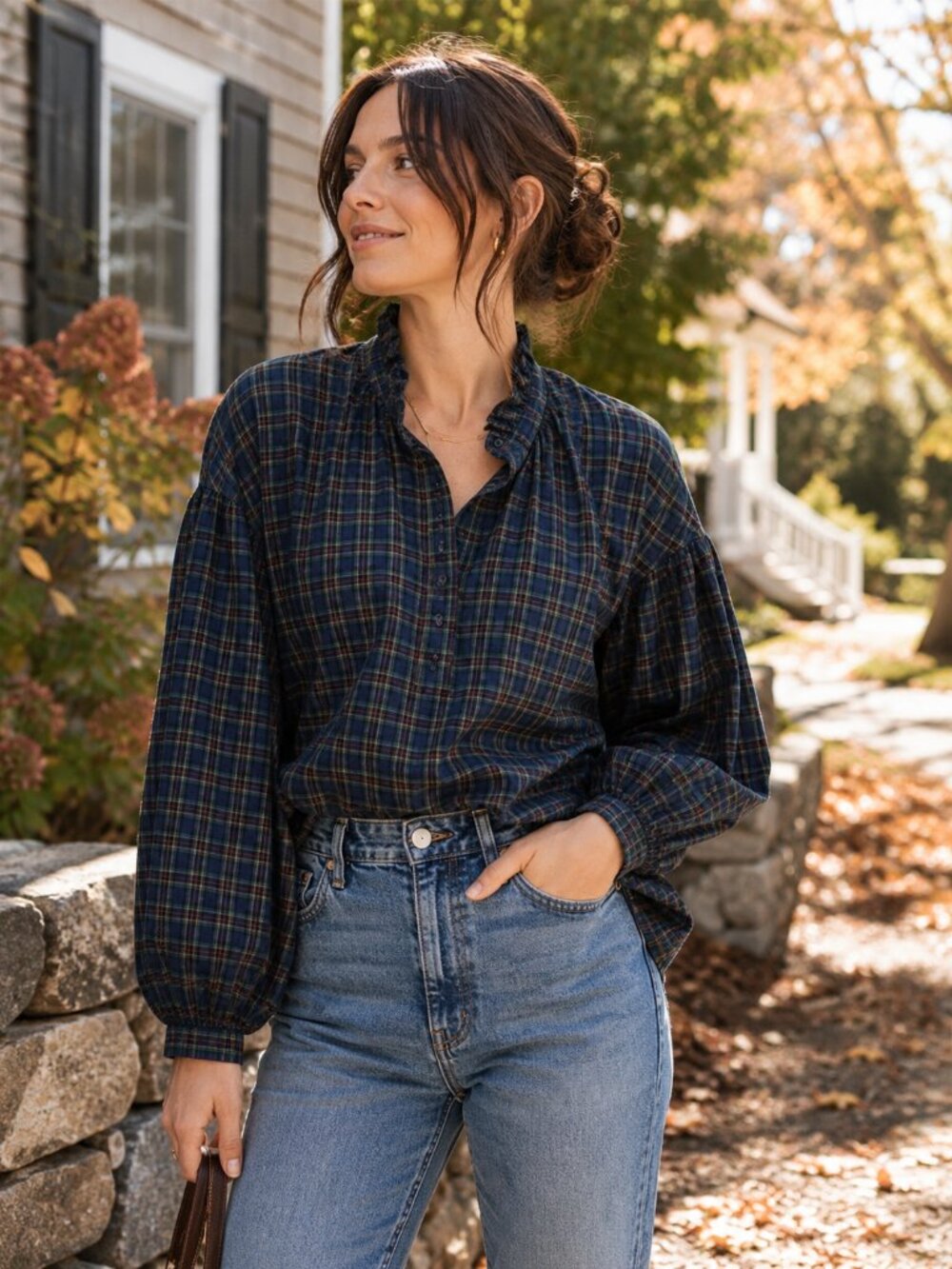 Madewell plaid ruffle neck popover shirt